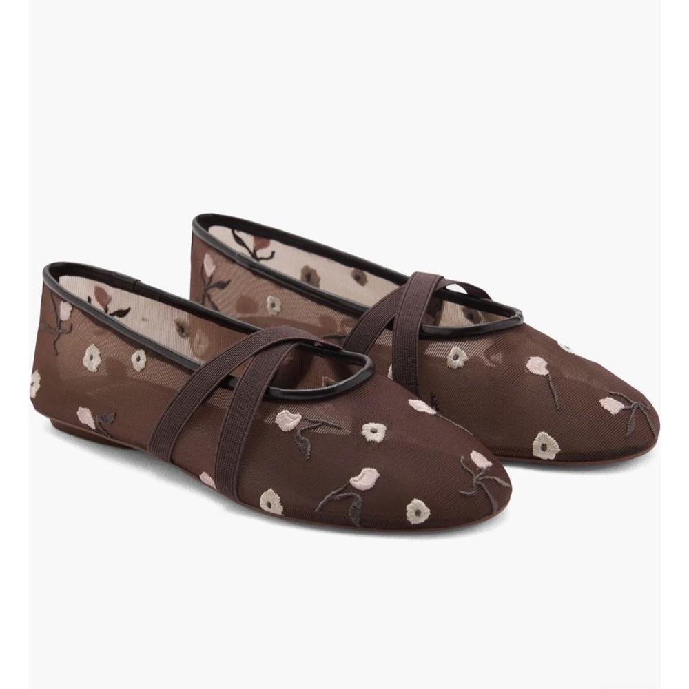 NWOB - Mango Floral Cross Strap Ballerina Flats - Embroidered Brown